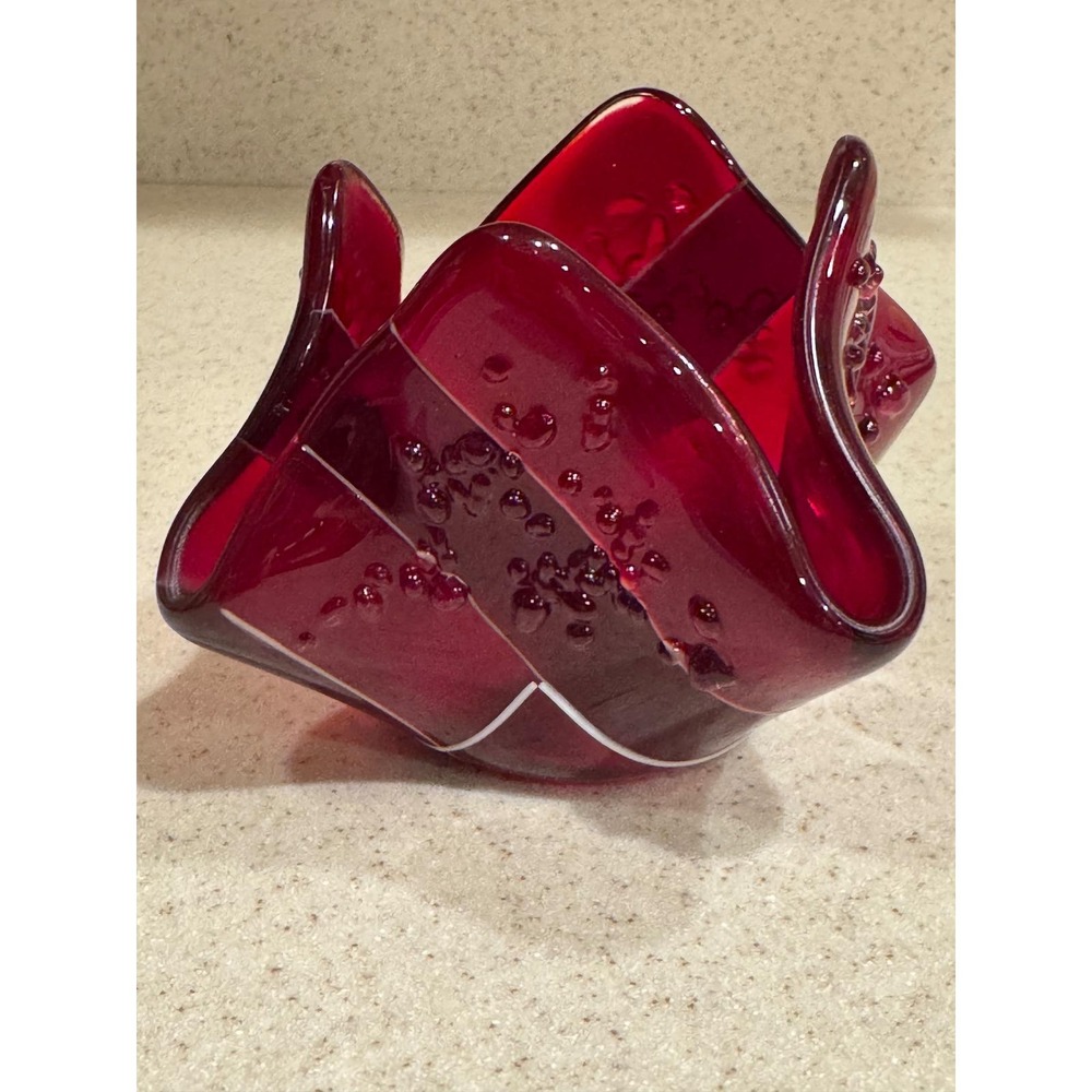 Fused Art Glass Handkerchief Vase Votive Red with white stripes bubbles Glass